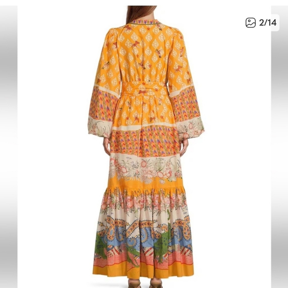 A Loves A Border Print Mandarin Collar Waist Tie Button Front Dress - Picture 2 of 4